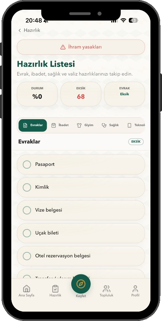 Umrago hazırlık listesi ekranı