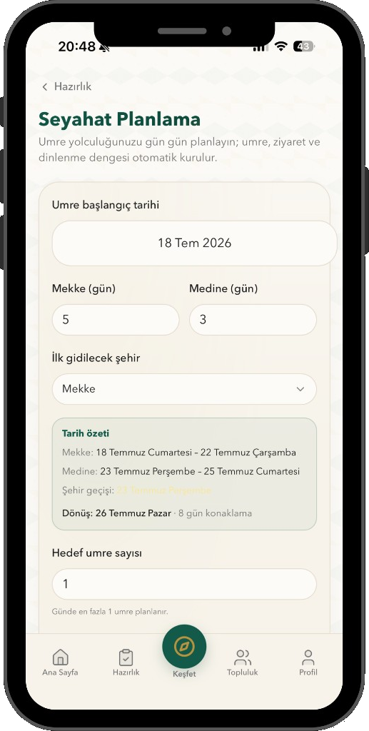 Umrago seyahat planlama ekranı